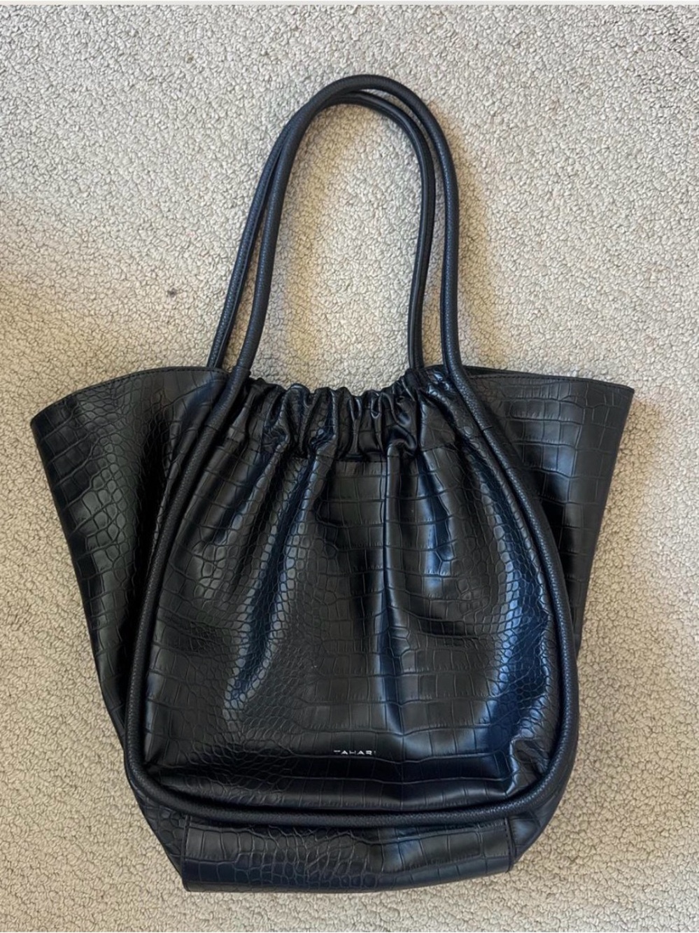 & Other Stories Black Croc-Embossed Drawstring Tote